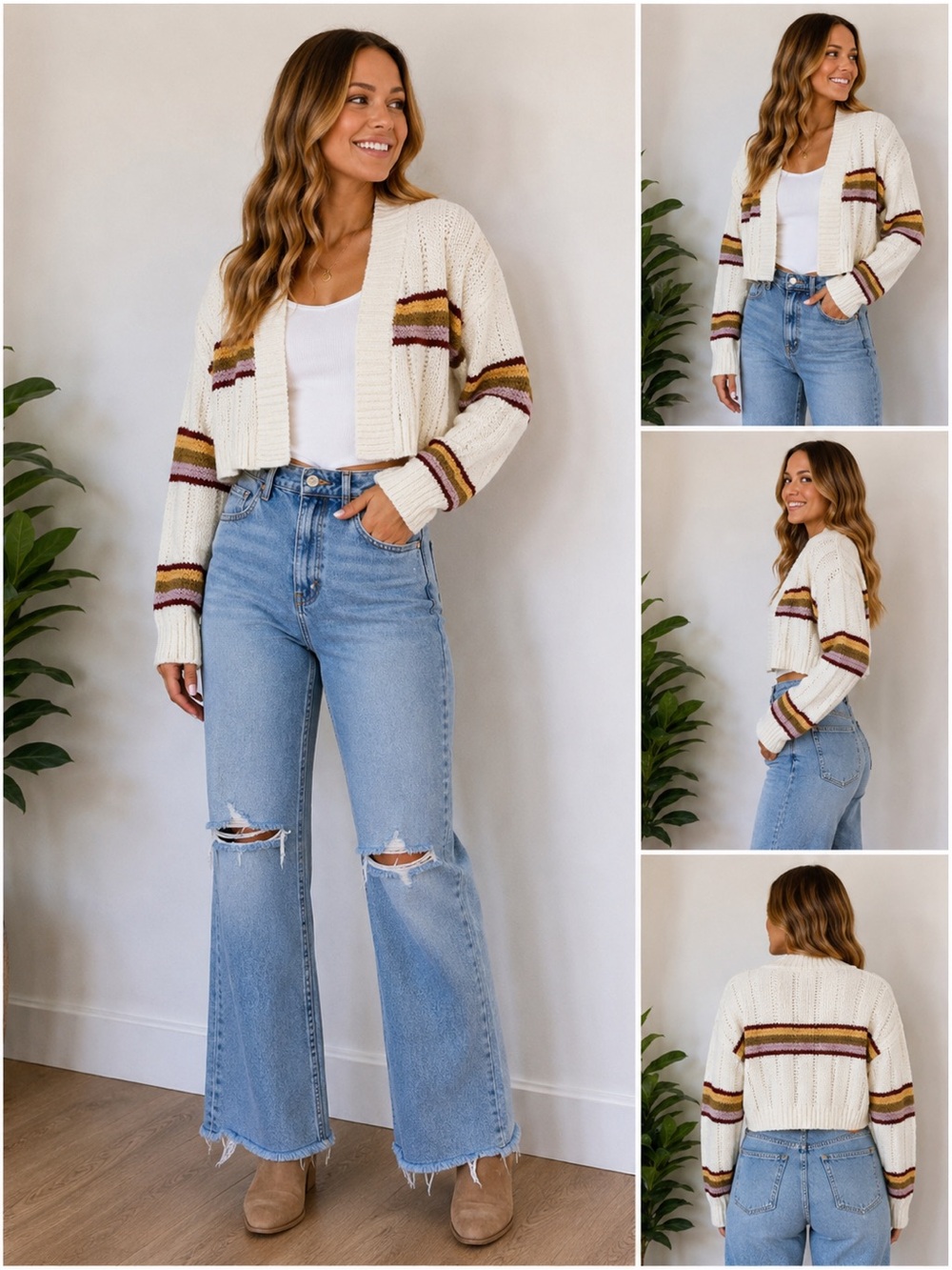 Madewell Striped Open Front Cardigan Sweater Size Small Cream Cotton Blend Boho